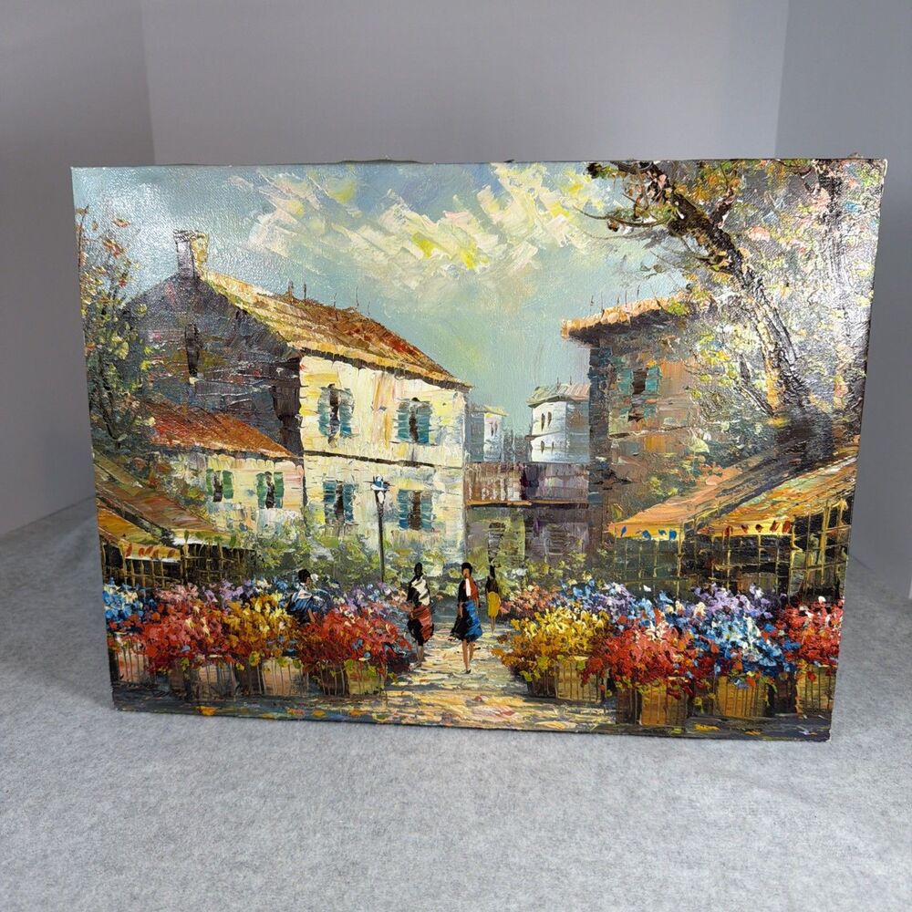 VTG Impressionist Oil Painting European Flower Market City Mid Century MCM